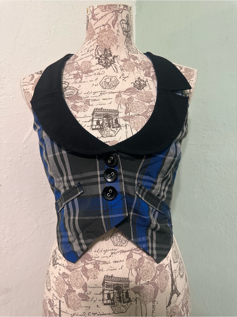 Y2K vintage Anchor Blue plaid halter crop Top  Peter Pan Collar Blue Black M